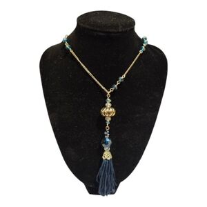 Vintage Avon NRT Blue Glass Bead & Tassel Gold Tone Long chain Necklace